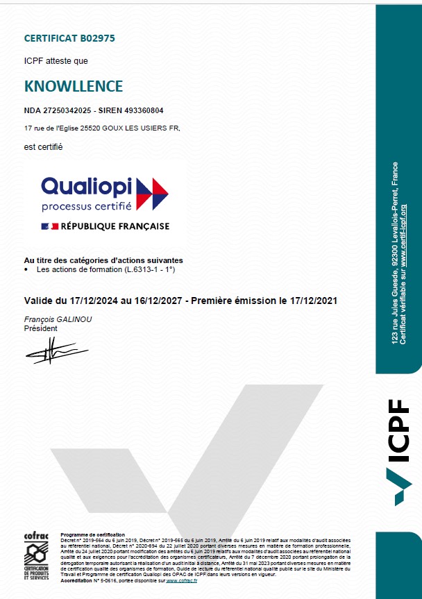 Aperçu de notre Certificat Qualiopi Knowllence 2024-2027